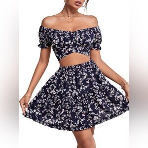 Lyaner Floral off shoulder 2 piece set: crop top and skirt